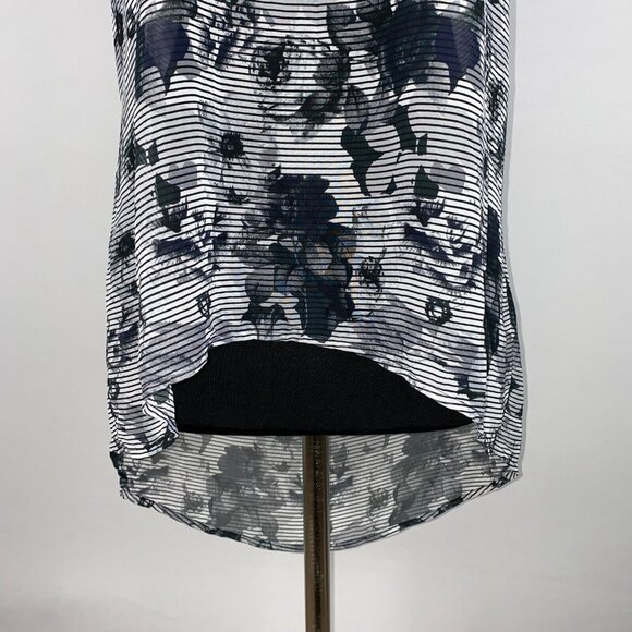 Studio Y Womens L Sheer Floral Striped Hi-Lo Hem Tunic Blouse Top Keyhole Back - Picture 4 of 15